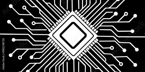 Minimalist microchip with radiating circuit board lines, monochrome vector illustration