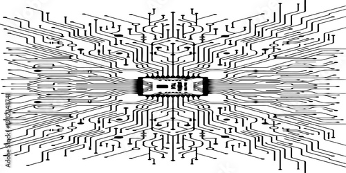 Minimalist microchip with radiating circuit board lines, monochrome vector illustration