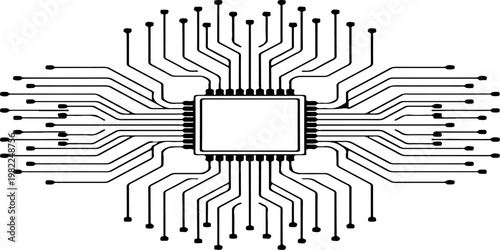 Minimalist microchip with radiating circuit board lines, monochrome vector illustration