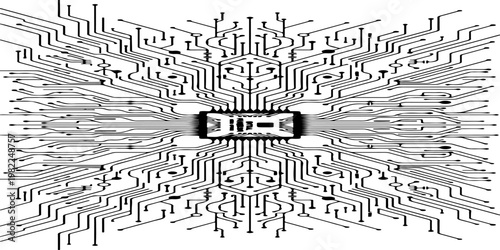 Minimalist microchip with radiating circuit board lines, monochrome vector illustration