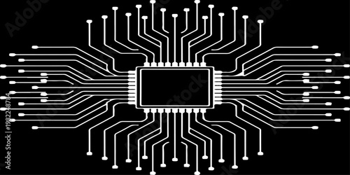 Minimalist microchip with radiating circuit board lines, monochrome vector illustration