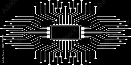 Minimalist microchip with radiating circuit board lines, monochrome vector illustration