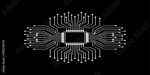 Minimalist microchip with radiating circuit board lines, monochrome vector illustration