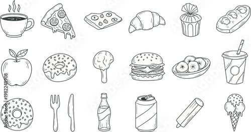 A whimsical collection of hand drawn food and beverage icons in a black and white sketch style showcasing diverse culinary delights