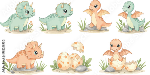 Funny cartoon vector illustration of a wild baby dinosaur with a chicken and eggs, a yellow Easter bunny, and a green snake in a blue nature zoo