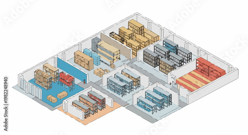 Isometric Warehouse Floor Plan Illustration with Shelving Units and Storage Boxes for Logistics and Supply Chain Management