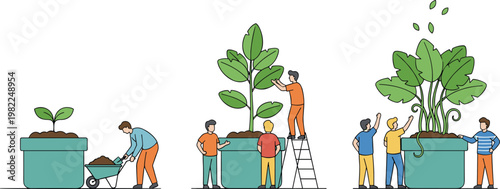 Business growth and professional development concept showing tiny people nurturing a giant plant in stages from seedling to maturity in minimalist line art vector.