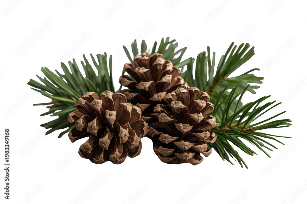 Fototapeta premium Pine cones with evergreen fir branches, symbolizing christmas, winter, and nature on transparent background