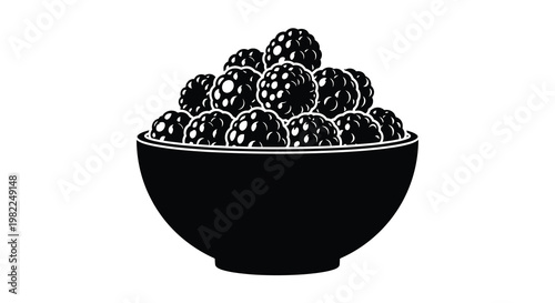A monochrome illustration depicts a dark bowl abundantly filled with ripe round blackberries high quality professional