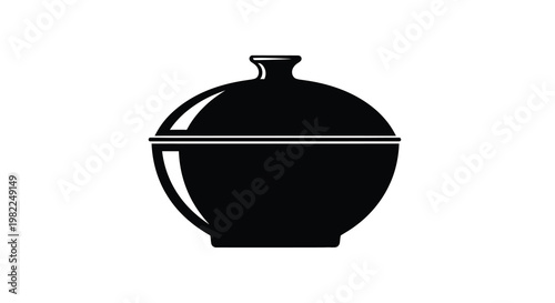 A simple black and white illustration depicts a covered ceramic bowl or pot with a handle