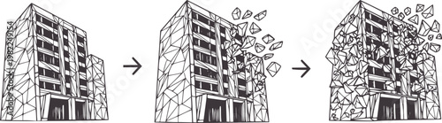 Building disintegrating into geometric shapes and fragments disintegration