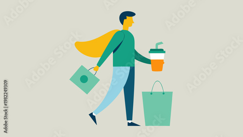 A stylized man with a cape walks with shopping bags and a coffee cup.