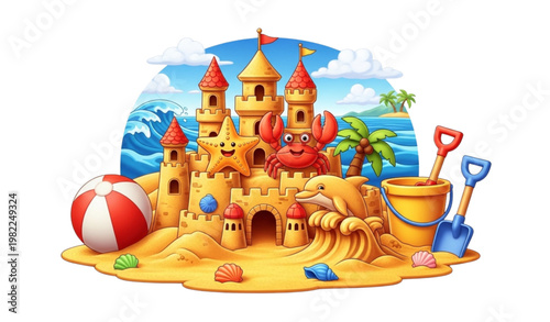 3D sand castle beach illustration vector summer kids vacation set