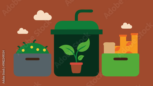 A healthy plant grows in a green bin, next to bins of food and produce, symbolizing sustainability