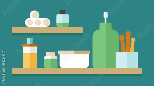 Various bathroom accessories and toiletries arranged on shelves for a clean and organized display