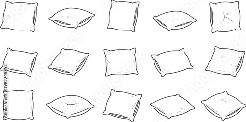 Collection of hand drawn square and rectangular pillows in various orientations cushion