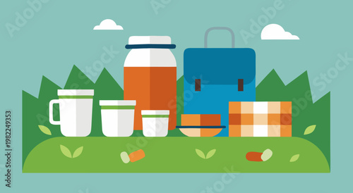 A collection of picnic items including a lunchbox, mugs, and a jar of juice arranged on grass with trees and clouds in the background.
