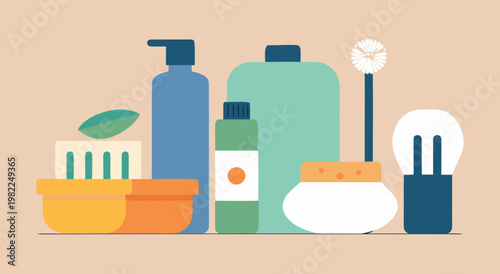 A collection of various cleaning supplies and personal care products arranged together.