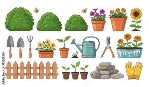 Spring garden elements vector set backyard agriculture plants icons
