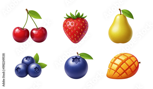 Casino slot fruit vector icon set cherry strawberry glossy 3D UI symbols