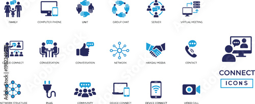 Connect icons set for communication technology social network and digital interaction.