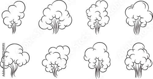 Eight stylized cartoon smoke cloud in black outline steam puff