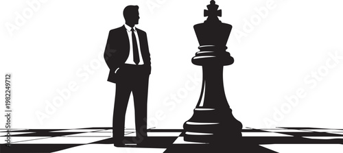 Businessman stands on chess board facing a king piece representing strategy and leadership