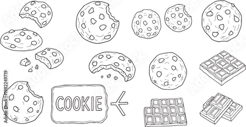 Hand drawn chocolate chip cookies and chocolate bars