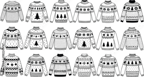 Christmas Sweater Icons Set Featuring Various Holiday Designs with Snowflakes, Trees, and Festive Patterns