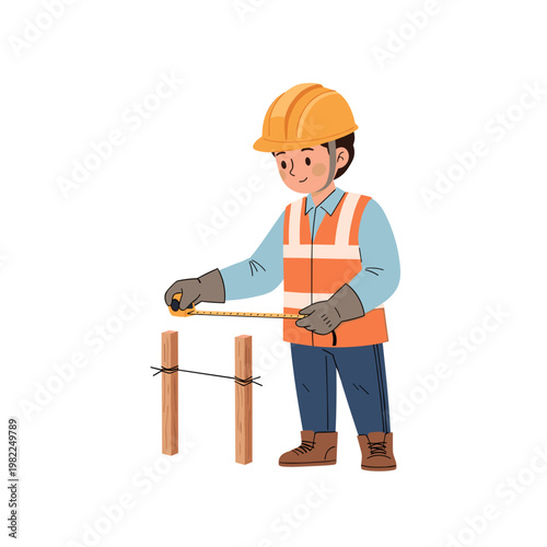 Worker measuring distance between stakes with measuring tape on construction site