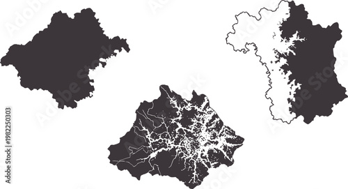 Three dark gray map outlines white shape geography territory
