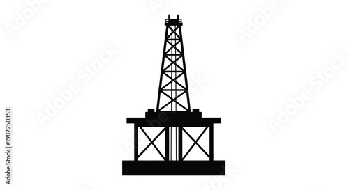 A stark black silhouette depicts an oil derrick structure against a plain white background high quality
