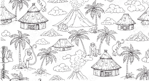 Tropical island scene with thatched huts, active volcanoes, palm trees and monkeys
