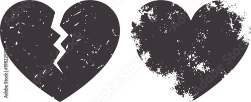 Two distressed grey heart shapes one broken one solid