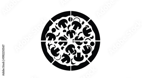 A black and white graphic illustration of a circular pizza cut into slices with mushroom toppings
