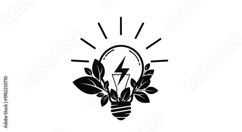A black and white image of a lightbulb surrounded by leaves and radiating lines high quality