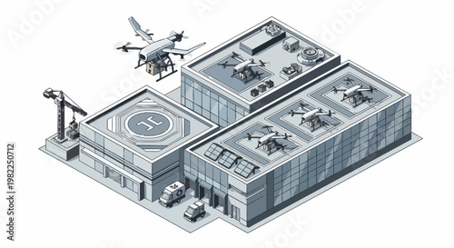 Isometric Smart Logistics Hub with Autonomous Drone Delivery and Warehouse Distribution for Future E-commerce and Supply Chain Management