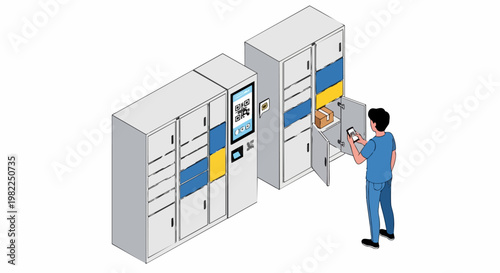 Man Using Smartphone to Retrieve Package from Automated Smart Parcel Locker System, Isometric Vector Illustration for Delivery and E-commerce Services