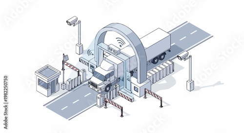 Isometric Illustration of Smart Logistics Checkpoint with Cargo Truck Passing through RFID Scanning Gate for Automated Supply Chain and Fleet Management