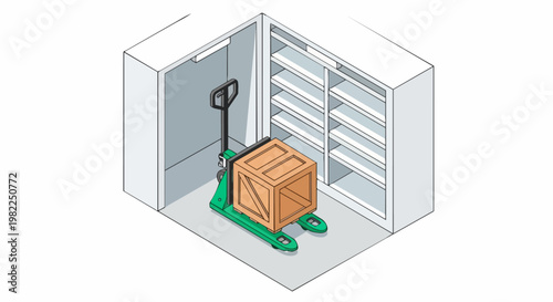 Isometric Warehouse Illustration with Manual Pallet Jack, Wooden Shipping Crate, and Empty Storage Shelving
