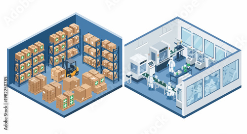 Isometric Pharmaceutical Factory and Warehouse with Medical Production Line and Logistics Facility