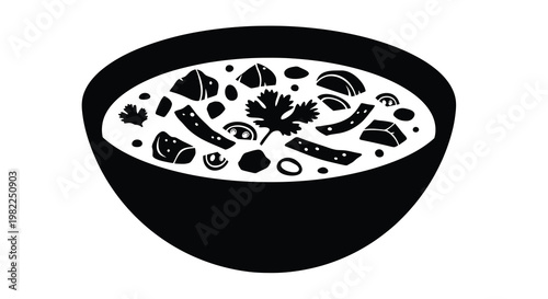 A black and white illustration depicts a bowl filled with various ingredients resembling soup high quality