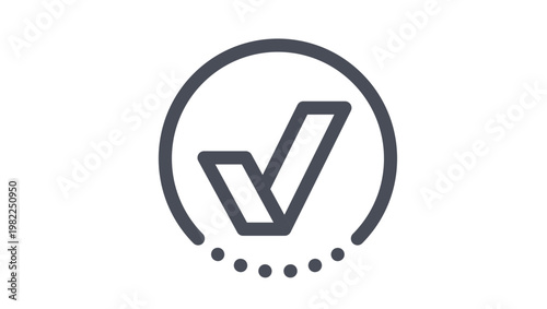 Photos Minimalist black vector icon of a stylized checkmark or tick symbol inside a circular frame with a dotted bottom section, representing success, approval, verification, and completion