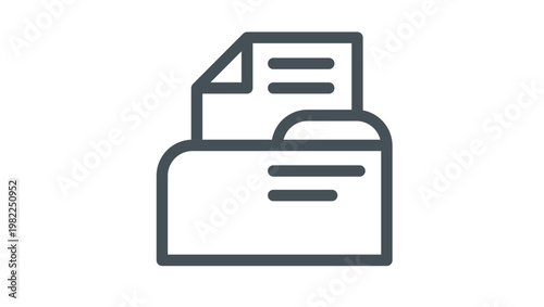Minimalist black vector icon of a file folder with a document inside, representing organization, data storage, office filing systems, and document management in a clean, scalable graphic style.