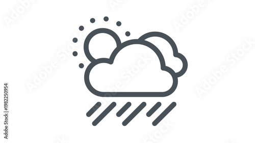 Minimalist black vector icon illustration of a sun behind clouds with falling rain, representing a rainy weather forecast or stormy climate, clean graphic symbol isolated on white background.