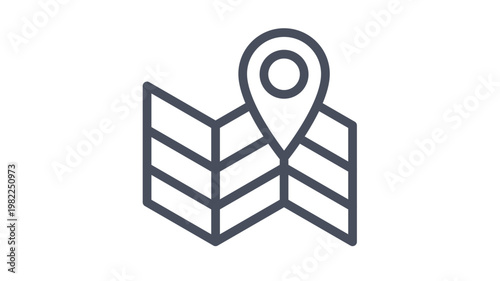 Minimalist black vector icon illustration of a folded paper map with a location pin marker, symbolizing navigation, travel destination, GPS tracking, and geographical positioning for web design.