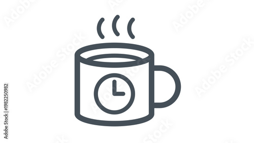 Minimalist vector icon illustration of a steaming hot coffee or tea mug with a clock symbol on the side, representing a coffee break, morning routine, time management, or tea time concept.