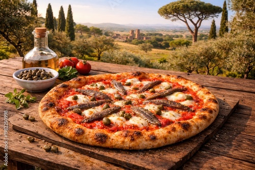 Pizza mit Sardellen in toskanischer Landschaft
Knusprige Pizza mit Sardellen, Kapern und Mozzarella auf Holztisch vor sonniger toskanischer Landschaft mit Zypressen.