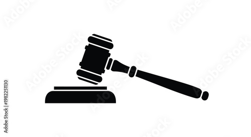 A stark black silhouette depicts a classic gavel resting on a sound block symbolizing justice