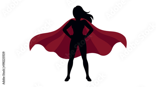 Silhouette of a woman in a superhero pose with a red cape, radiating strength and determination